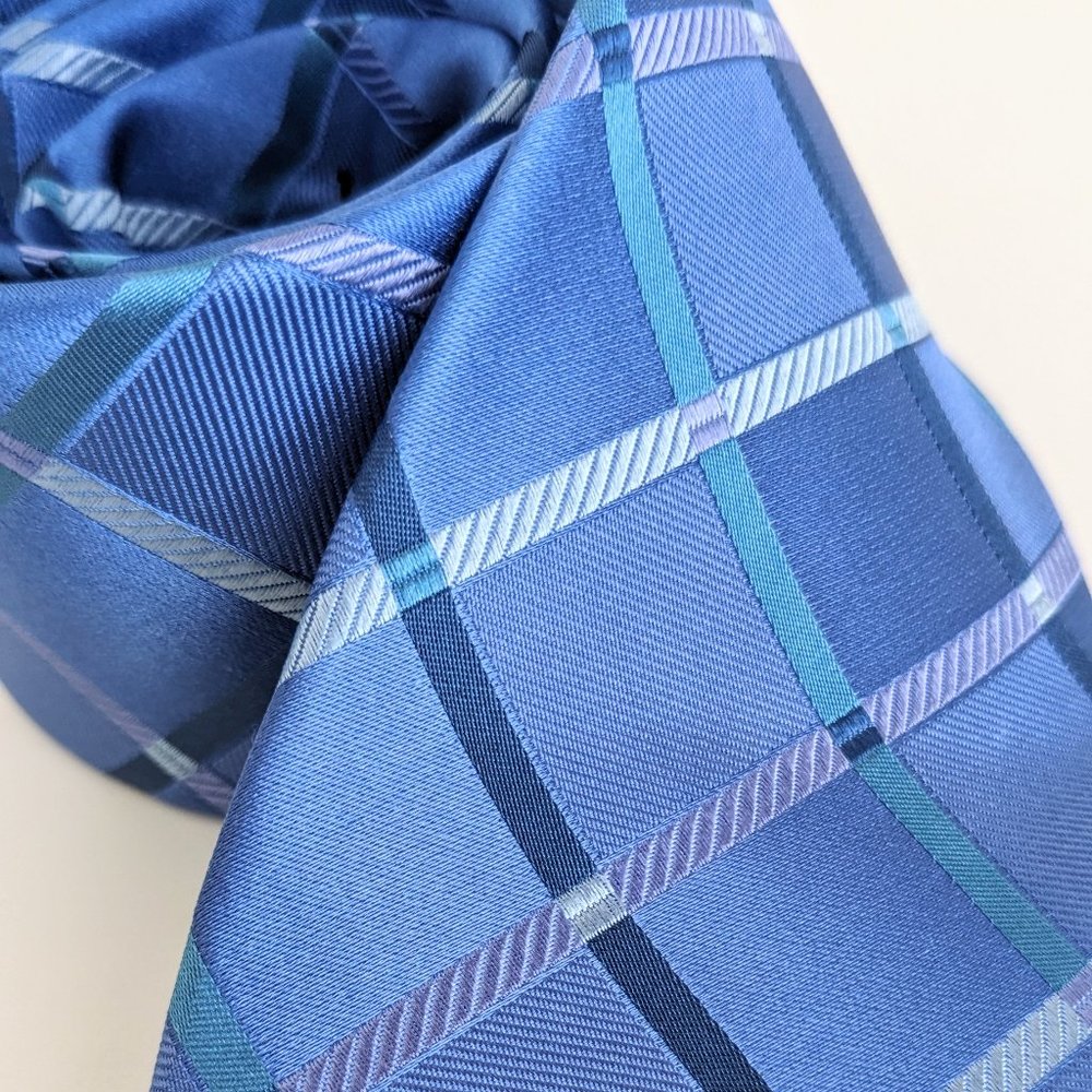 MICHAEL Michael Kors Classic Woven 100% Silk Necktie Tie Sky Blue Plaid